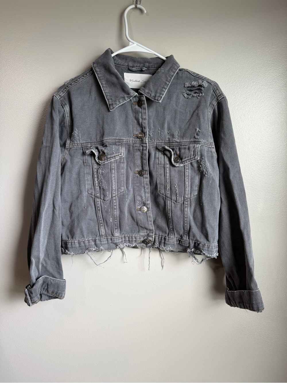 Mustard Seed Gray Distressed Cropped Denim Jacket